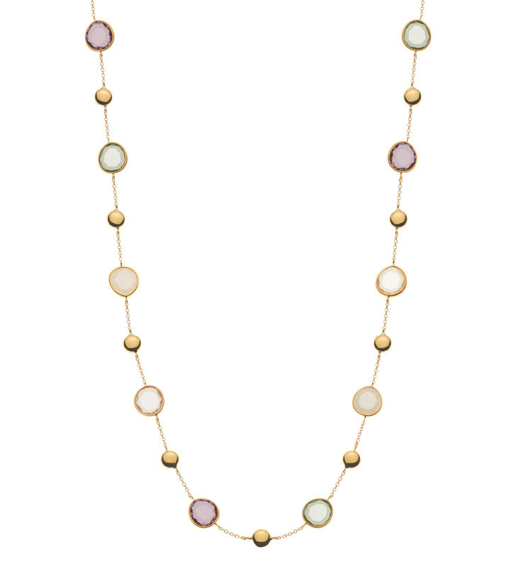 Collier Gelbgold 750, 45cm mit grünem & lila Amethyst, Rosenquartz & weissem Aventurin