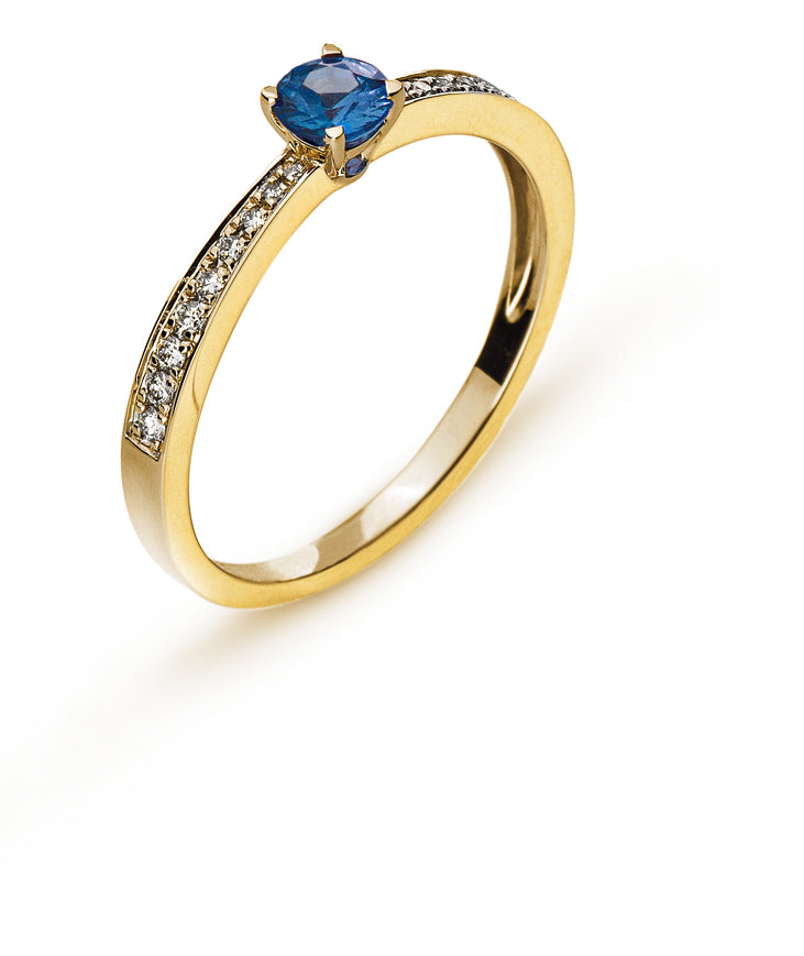 Ring Gelbgold 750 mit 18 Brillanten H SI Tot. 0.11ct. & 1 Safir blau 0.31ct.