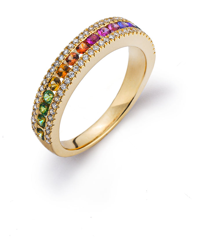 "Rainbow" Ring Gelbgold 750 mit 15 runden Saphiren 0.51ct. und